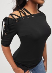 Skew Neck Lace Up Black T Shirt