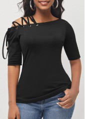 Skew Neck Lace Up Black T Shirt