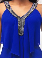Embellished Neck Sleeveless Flounce Royal Blue T Shirt