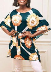 Green Letter Print Belted Round Neck T Shirt