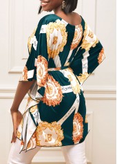 Green Letter Print Belted Round Neck T Shirt