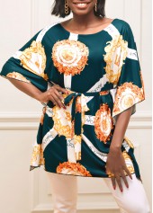 Green Letter Print Belted Round Neck T Shirt