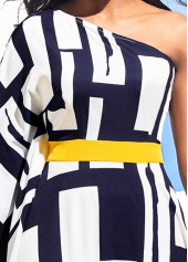 One Shoulder Navy Blue Geometric Print Maxi Dress