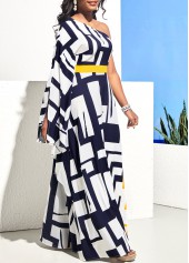 One Shoulder Navy Blue Geometric Print Maxi Dress