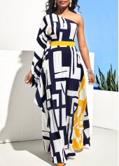 One Shoulder Navy Blue Geometric Print Maxi Dress