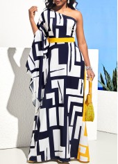 One Shoulder Navy Blue Geometric Print Maxi Dress