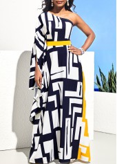 One Shoulder Navy Blue Geometric Print Maxi Dress
