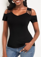 Cold Shoulder Short Sleeve Black T Shirt