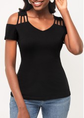 Cold Shoulder Short Sleeve Black T Shirt