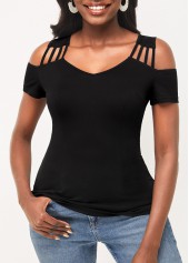 Cold Shoulder Short Sleeve Black T Shirt