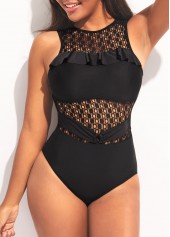 Black Lace Stitching Flounce One Piece Swimwear