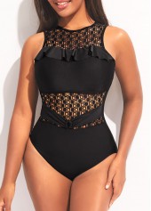 Black Lace Stitching Flounce One Piece Swimwear