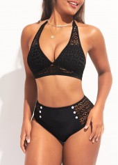 High Waisted Halter Hollow Out Black Bikini Set