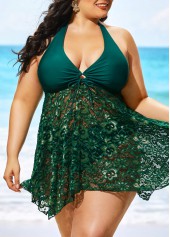 Plus Size Lace Stitching Asymmetric Hem Swimdress and Panty