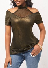 Mock Neck Cold Shoulder Gold Brown T Shirt