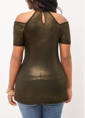 Mock Neck Cold Shoulder Gold Brown T Shirt