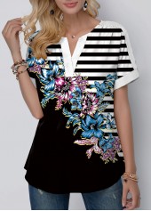 Floral Print Split Neck Black Striped T Shirt