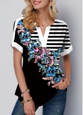 Floral Print Split Neck Black Striped T Shirt