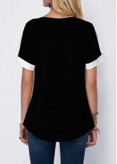 Floral Print Split Neck Black Striped T Shirt