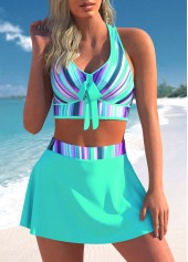 Plus Size Striped Ombre Cross Strap Cyan Bikini Set