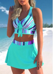 Plus Size Striped Ombre Cross Strap Cyan Bikini Set