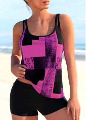 Geometric Print Double Straps Purple Tankini Top-No Bottom