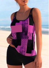 Geometric Print Double Straps Purple Tankini Top-No Bottom