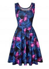Blue Leaf Print Sleeveless Round Neck Dress