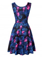 Blue Leaf Print Sleeveless Round Neck Dress