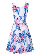 Sleeveless Floral and Leaf Print White Dress