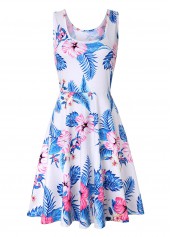Sleeveless Floral and Leaf Print White Dress