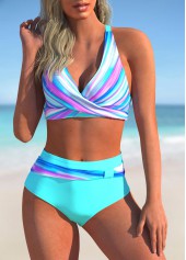 Cyan Stripe Print Cross Strap Bikini Set