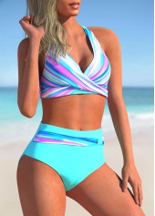 Cyan Stripe Print Cross Strap Bikini Set