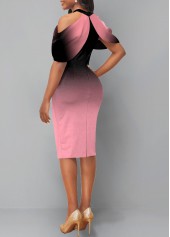 Ombre Bib Neck Cold Shoulder Pink Dress