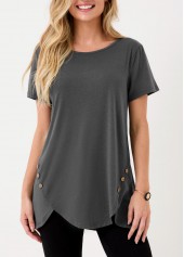 Dark Grey Decorative Button Asymmetric Hem T Shirt