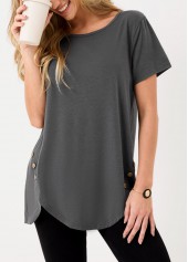 Dark Grey Decorative Button Asymmetric Hem T Shirt