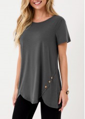 Dark Grey Decorative Button Asymmetric Hem T Shirt
