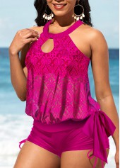 Bib Neck Drawstring Side Rose Red Tankini Set