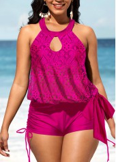 Bib Neck Drawstring Side Rose Red Tankini Set
