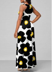 Bib Neck Sleeveless Floral Print Maxi Dress