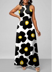Bib Neck Sleeveless Floral Print Maxi Dress