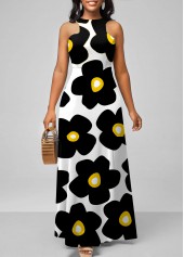 Bib Neck Sleeveless Floral Print Maxi Dress