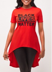 Red Asymmetric Hem Letter Print T Shirt