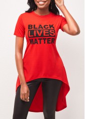 Red Asymmetric Hem Letter Print T Shirt