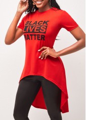 Red Asymmetric Hem Letter Print T Shirt