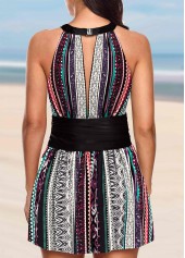 Asymmetric Stripe Print Bib Neck Swimdress Set