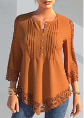 Crinkle Chest Lace Panel Coral Orange Blouse