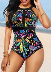 Floral Print Black Cutout Back One Piece Swimwear