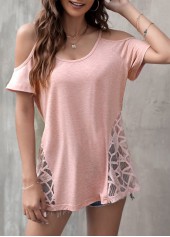 Cold Shoulder Lace Patchwork Light Pink T Shirt