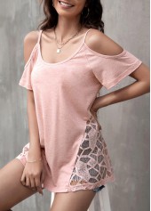Cold Shoulder Lace Patchwork Light Pink T Shirt